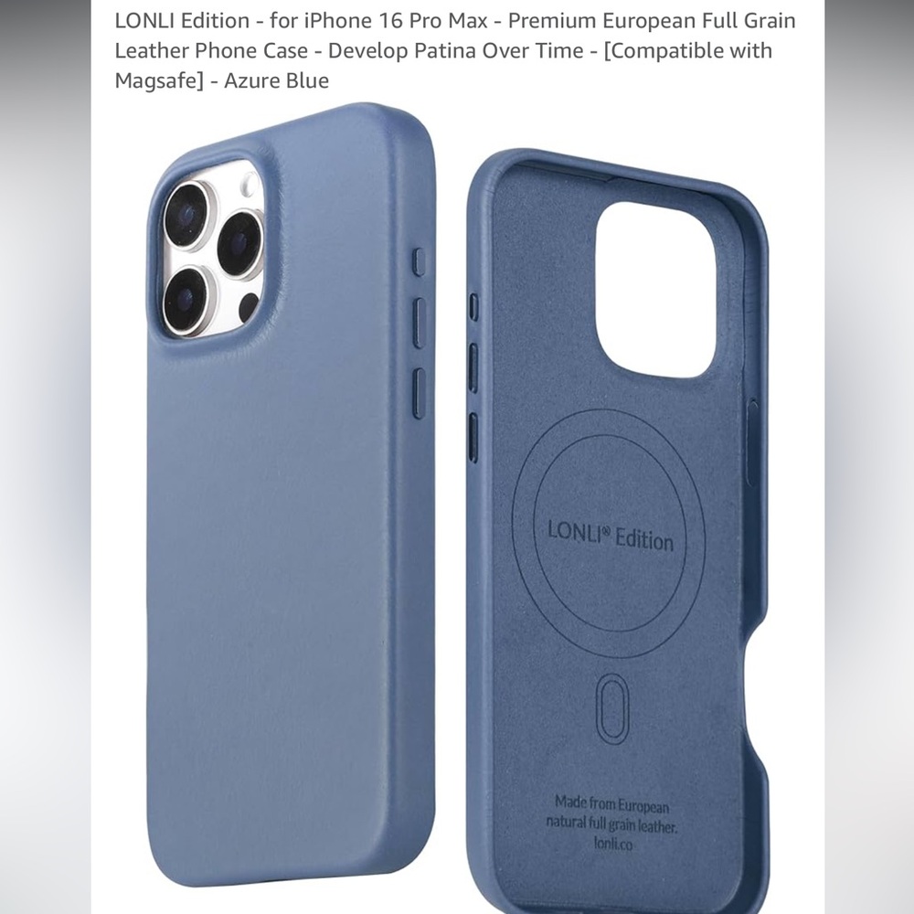 LONLI -  iPhone 16 Pro Max -  Blue Genuine Leather Phone Case
